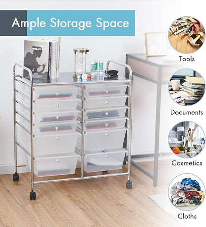 Happygrill 12-Drawer Rolling Storage Cart, Multipurpose Storage Cart W/Lockable Wheels, 2 Sizes Plastic Drawers & Metal Shelf, Mobile Utility Cart for Home Office School