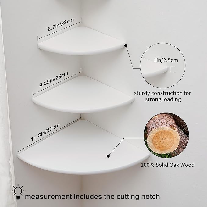 Conamily Corner Shelves, Floating Corner Shelf, Set of 3 Solid Oak Wood Corner Wall Shelves, Round End with Wire Hole Shelving for Small Plant for Bedroom Kitchen, Living Room (Size 9/10/12in)