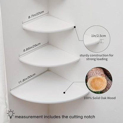 Conamily Corner Shelves, Floating Corner Shelf, Set of 3 Solid Oak Wood Corner Wall Shelves, Round End with Wire Hole Shelving for Small Plant for Bedroom Kitchen, Living Room (Size 9/10/12in)