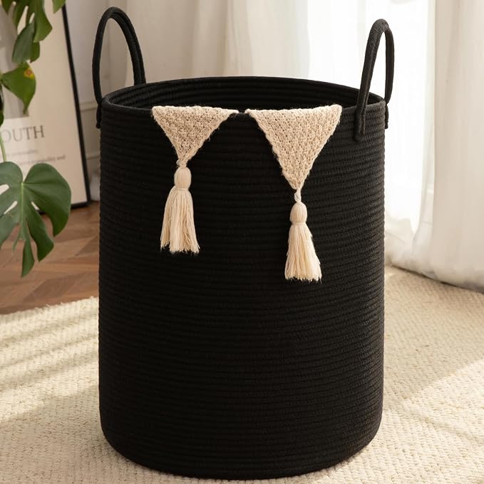 OIAHOMY Large Laundry Basket Hamper - 80L Cotton Rope Woven Basket for Blankets, Toys, Clothes - Tall Decorative Nursery Hamper with Long Handles, Black