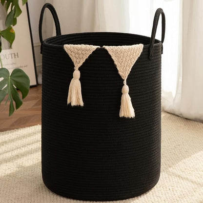OIAHOMY Large Laundry Basket Hamper - 60L Cotton Rope Woven Basket for Blankets, Toys, Clothes - Tall Decorative Nursery Hamper with Long Handles, Black