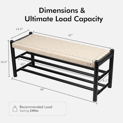 Solid Wood Entryway Bench with Shoe Storage, Rustic Oak Wood and Woven Design 45 Inch Long Seating for Living and Dining Rooms, 3-Tier Black
