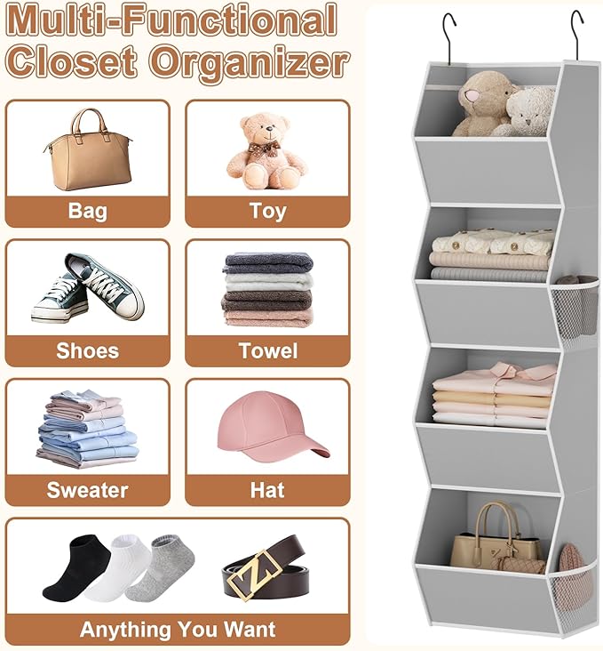 Wawocs 4 Shelf Hanging Closet Organizers and Storage for Kids 2 Packs, Grey | Hanging Shelves for Closet Organization, Hanging Closet Storage for Wardrobe Organizer, Closet Hanging Organizer for Bedroom