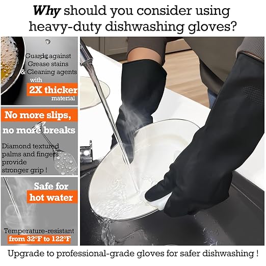 Heavy-Duty Thick Black Rubber Cleaning Gloves, 3 Pairs, M | Reusable & waterproof black/orange dual layers. Non-slip design for dishwashing, kitchen cleaning, and auto care.