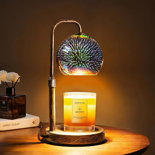 Glocusent Candle Warmer Lamp with Timer, 3D Glass Globe, Retro wood-grain metal base, Dimmable Height Adjustable Candle Warmer for Jar Candles, Home Decor & Gifts for Women, Firework patterns, 2 Bulbs