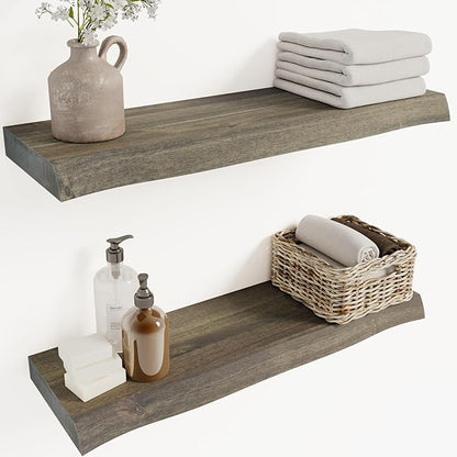 Howizz 24" Acacia Live Edge Floating Shelves Set of 2 - Wall Mounted Wooden Shelf for Stylish Home Décor - Mocha Color 24x7.5x1.5 Inches