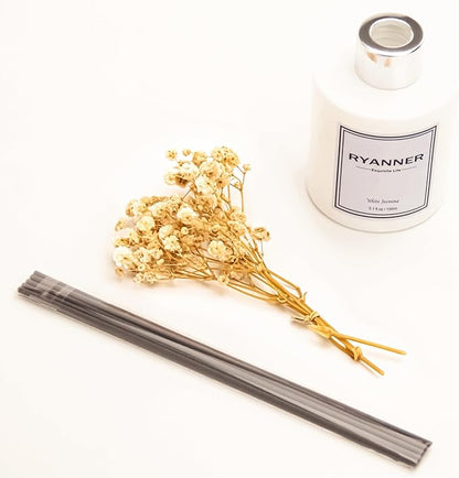 Ryanner Flower Reed Diffuser Set,5.1 fl oz White Jasmine Scent Diffuser with Sticks Home Fragrance Reed Diffuser with Essential Oil for Bathroom Shelf Decor&Air Freshener,Home Bathroom Office Decor