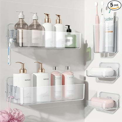 Nieifi Adhesive Wall Shelf, Shower Shelves 5 Pack with Soap Holder, Shower Organizer for Bathroom Organization, Clear