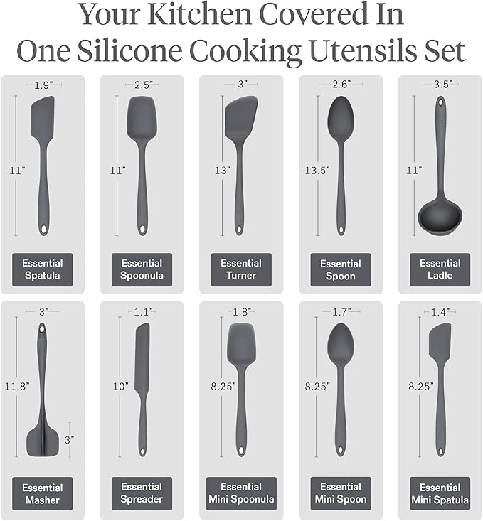 GIR: Get It Right 10-Piece Silicone Essentials Kitchen utensils set - Ladle, Spatula, Flip, Spoon & Spoonula - Non toxic cooking utensils for Nonstick Cookware, Cooking and Baking - Charcoal
