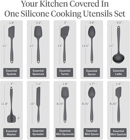 GIR: Get It Right 10-Piece Silicone Essentials Kitchen utensils set - Ladle, Spatula, Flip, Spoon & Spoonula - Non toxic cooking utensils for Nonstick Cookware, Cooking and Baking - Charcoal