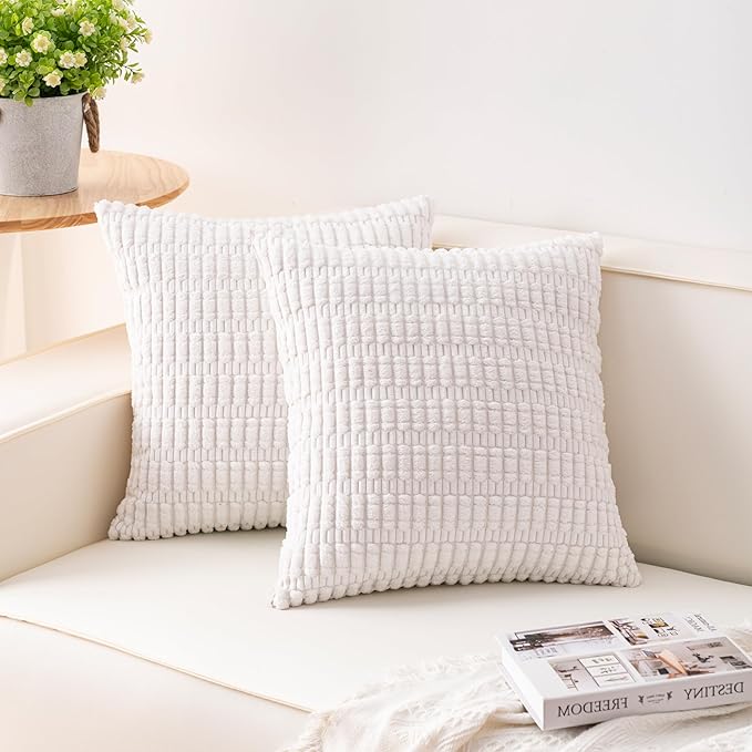 Aegero Pack of 2 Corduroy Decorative Throw Pillow Covers 20x20 Inch Soft Striped Pillow Covers Modern Farmhouse Home Decor for Sofa Living Room Couch Bed（White）