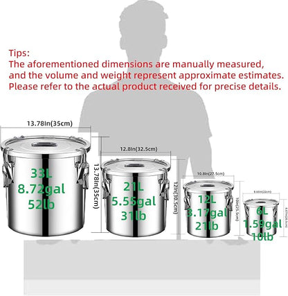 304 stainless steel food storage containers with lids lock clips airtight container large airtight for rice flour sugar grain coffee bean storage containers Kitchen jar (5.55gal/21L)