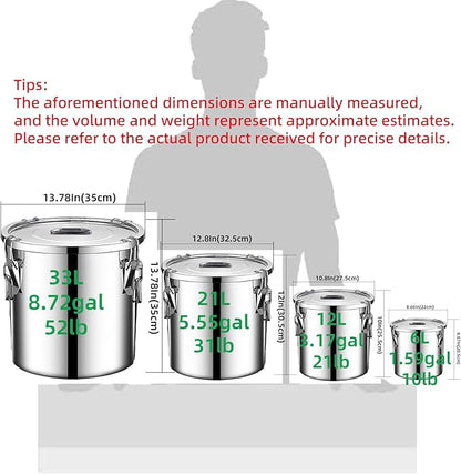 304 stainless steel food storage containers with lids lock clips airtight container large airtight for rice flour sugar grain coffee bean storage containers Kitchen jar (8.72gal/33L)