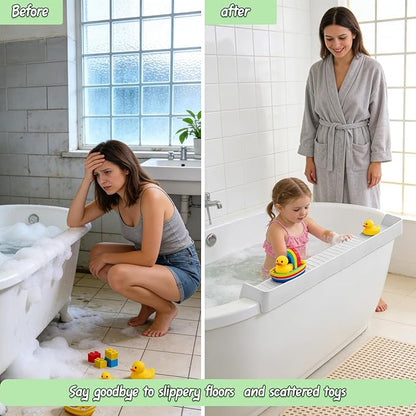 Bathtub splash guard for tub kids& Bath Shelf for Kids – Toddler Bath Tray, Bath Toys Storage & Ledge Organizer – Splash Guard for Bathtub with Suction Cups – Kids Bathroom Accessories(2.6FT, Grey)
