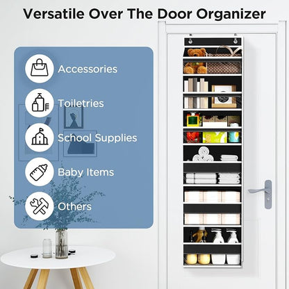 Mefirt 6 Tiers Over The Door Organizer, Heavy Duty Hanging Organizer Storage with Large Capacity Pockets, Behind Door Storage Hanging Shelves for Closet Wall Bathroom Bedroom Nursery Pantry, 1 Black