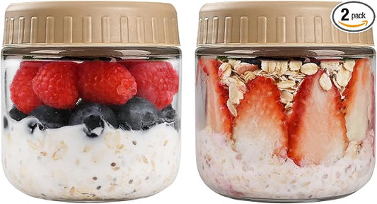 SHOWIN Overnight Oats Containers with Lids, 10oz Glass Jars with Lids 2 pcs, Taffy, Wide Mouth Mason jars for Salad, Yogurt, Snacks, Meal Prep