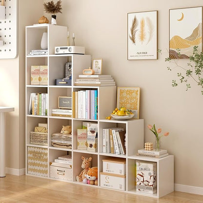 Ladder Cube Storage Bookcase - Wooden L-Shaped 5-Tier Corner Shelf, Reversible 15-Cube Organizer for Home & Office, White