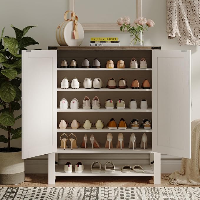 Maupvit 6-Tier Shoe Cabinet with Doors, Farmhouse Shoe Storage Cabinet with Adjustable Shelves, Shoe Shelf, Wooden Shoe Rack Organizer Cabinet for Entryway, Foyer, Hallway, Living Room, White