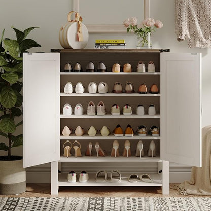 Maupvit 6-Tier Shoe Cabinet with Doors, Farmhouse Shoe Storage Cabinet with Adjustable Shelves, Shoe Shelf, Wooden Shoe Rack Organizer Cabinet for Entryway, Foyer, Hallway, Living Room, White