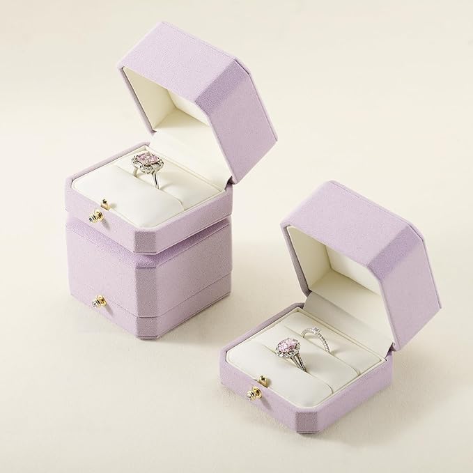 Purple Octagonal Jewelry Ring Box Gift Microfiber Engagement Proposal Ring Box