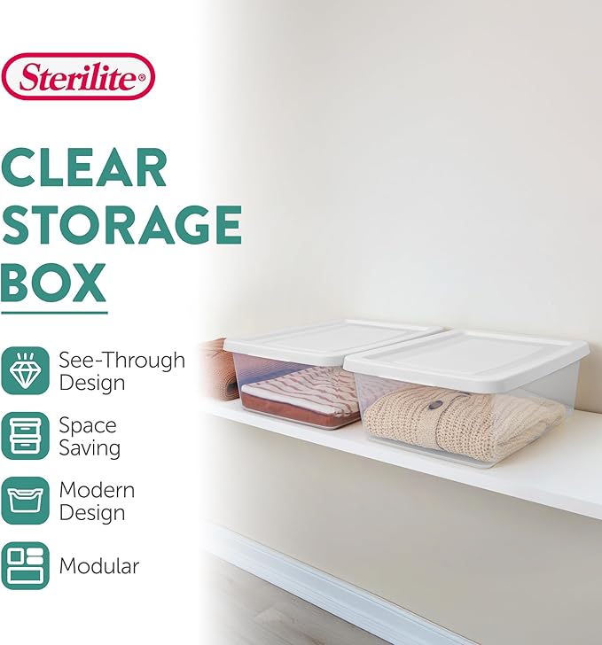 Sterilite 24-Pack Clear Storage Box, Stackable Container Bins with Lids, 12 Qt, White – Plastic Containers for Home, Closet, Bathroom, Classroom, and Office Organization