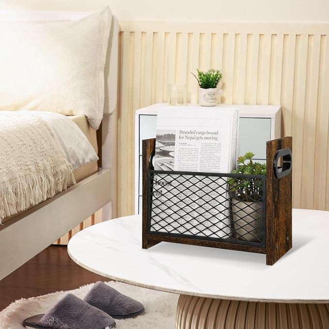 YINMIT Magazine Holder, Magazine Rack for Desktop and Home Office, Farmhouse File Storage Basket for Letters, Magazines, Books, Newspapers (Small)