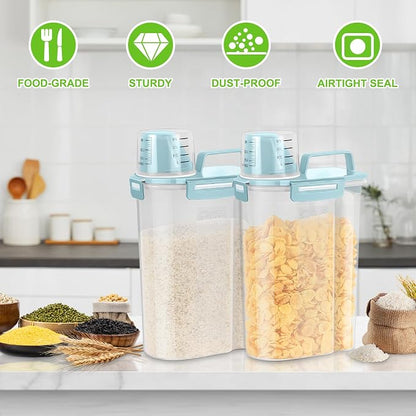 TBMax Rice Container Cereal Storage Container 2 Pack 5 Lbs, Plastic Kitchen Pantry Food Storage Container with Cup, Small Pet Dog Cat Food Dispenser -Blue