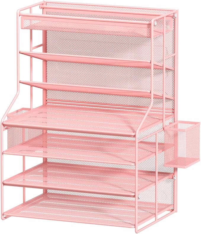 7 Tier Desk File Organizer,Metal Document Holder with Adjustable Shelves, Pull-Out Drawer & Removable Pen Holder for Office Organization,Pink