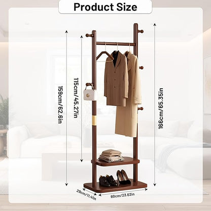 Freestanding Coat Rack with 2 Storage Shelves and 5 Hooks, Heavy Duty Wood Garment Rack for Bedroom, Hallway, Entryway (23.6x11.4x62.6 in)