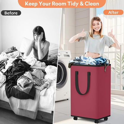 SpaceTrove Laundry Basket with Wheels, Collapsible Laundry Baskets, Laundry Hamper with Handles Detachable Wheels, Rolling Laundry Basket, Dirty Clothes Hamper for Bathroom, Dorm, Bedroom, Red, 100L