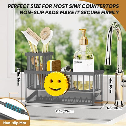 Taugast Sponge Holder for Kitchen Sink,Smiley Face Sink Caddy with Removable Brush Holder,Self-Draining Sponge Caddy for Soap,Dish Brush,Scrubber,Kitchen Essentials and Gadgets-Charcoal Gray