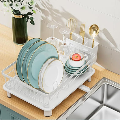 Small Dish Drying Rack, Space Saving Dish Racks for Kitchen Counter, Kitchen Organizer Dish Drainer with Cutlery Holder for Spoons and Forks, 11''W x 15''L, White