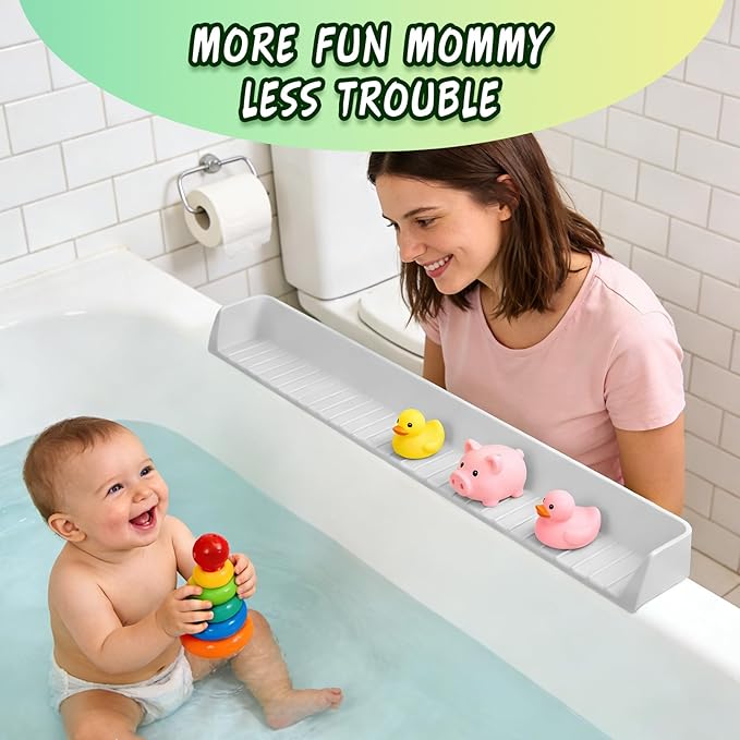 Bathtub splash guard for tub kids& Bath Shelf for Kids – Toddler Bath Tray, Bath Toys Storage & Ledge Organizer – Splash Guard for Bathtub with Suction Cups – Kids Bathroom Accessories(2.6FT, Grey)