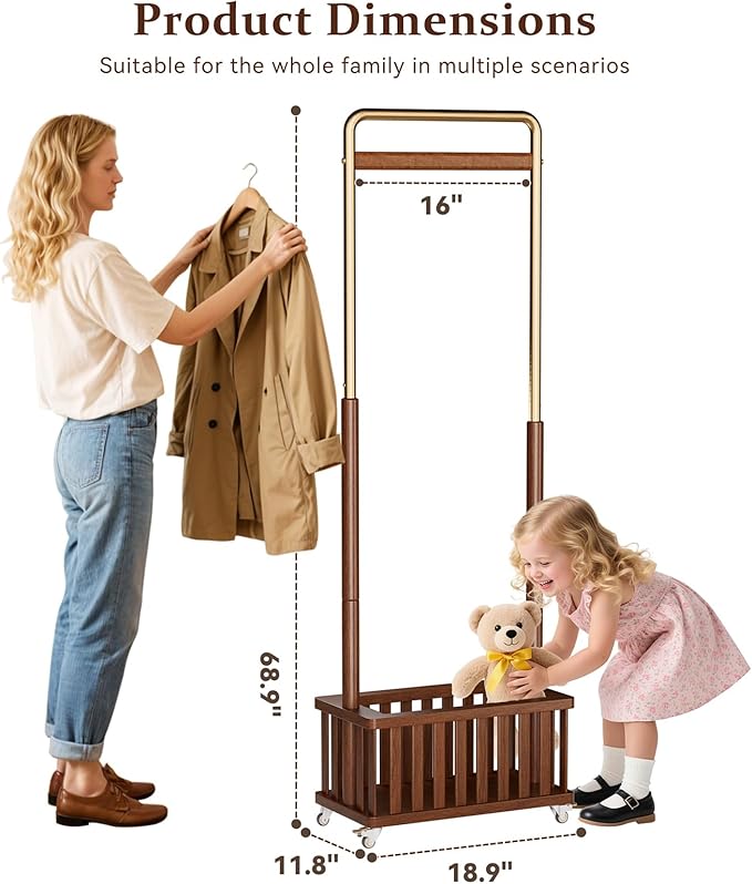Clothes Rack Solid Wood Coat Rack, Metal and Solid Wood Combination Clothing Rack with Wheels for Entryway, Bedroom, Living Room, Coat Racks Freestanding for Hanging Clothes Garment Scarf
