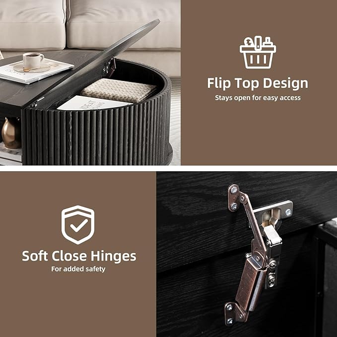 SULIVES Round Coffee Table with Storage, Unique Circle Coffee Table with Sliding Door,Fluted Accent Center Table with Bun Feet for Living Room, Black