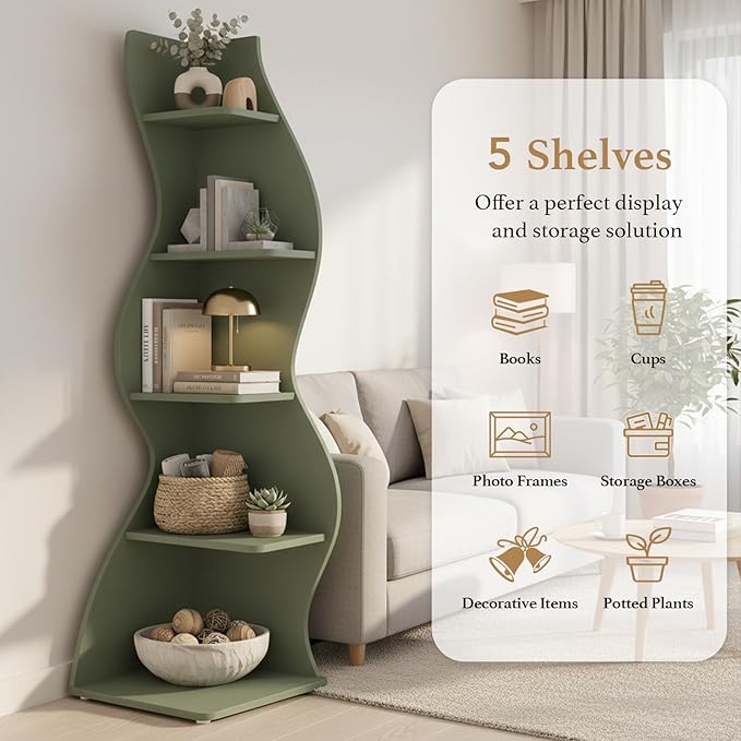 Arvolia 70 Inch Corner Bookshelf, Modern 5-Tier Small Bookshelf with Unique Curved Design, Freestanding Vertical Storage Shelf for Living Room, Bedroom or Home Office (Sage Green)