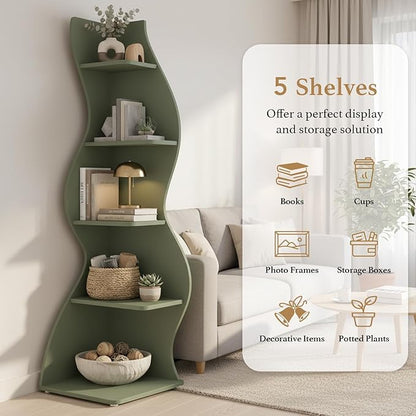 Arvolia 70 Inch Corner Bookshelf, Modern 5-Tier Small Bookshelf with Unique Curved Design, Freestanding Vertical Storage Shelf for Living Room, Bedroom or Home Office (Sage Green)