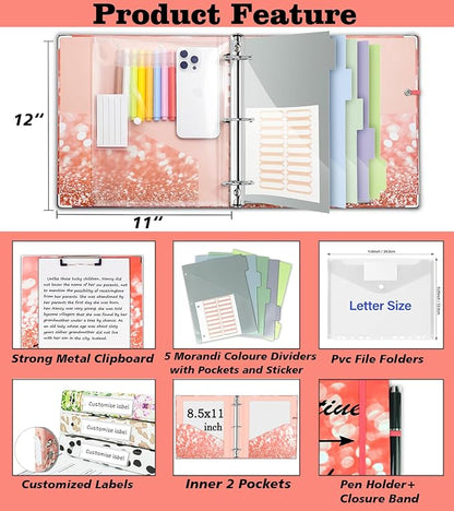 3 Ring Binder 2 Inch, Three Ring Binders Organizer with Clipboard, 5-Tabs Pockets Dividers, Plastic Folder, 18 Divider Stikers, BVSSX Pink Decorative Binder with Pen Loop (Stay Positive, Letter Size)