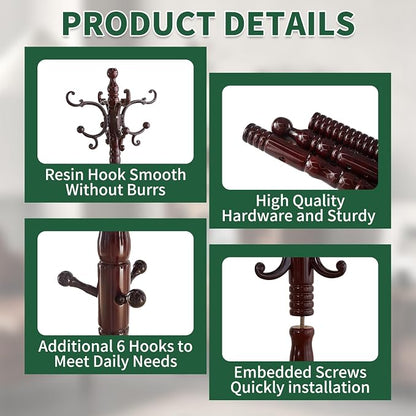 OIRUMIE Wood Coat Rack Stand, Wooden Coat Rack Freestanding with Sturdy Round Base, Vintage Coat Racks with 14 Hooks, Natural Birch Wood Entryway Coat Tree Hanger Stand Easy to Assemble