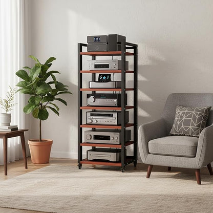 7 Tier AV Media Stand, 55in Audio Rack Tower Stereo Components Cabinet, Home Theatre CD Record Player Stereo Receiver Equipment Rack with Adjustable Wood Shelves, Load 400lbs (Teak Brown)