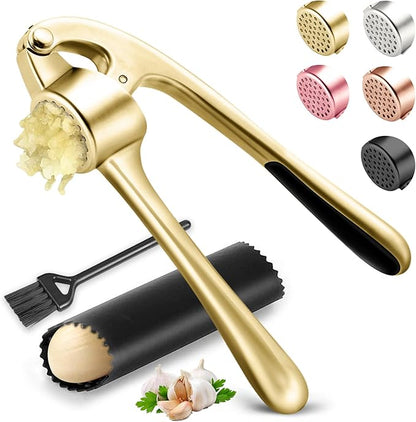 Kitchen Garlic Press, Rust Proof & Dishwasher Safe Garlic Mincer, Durable Garlic Crusher Set with Peeler＆Brush, Easy to Clean and Squeeze, Gold