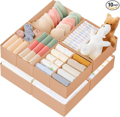Criusia Drawer Organizer Clothes, 10 Pack Dresser Organizer for Baby Clothes, Underwear, Sock- Foldable Closet Organization and Storage Dividers Bins for Nursery, Bedroom (Brown)