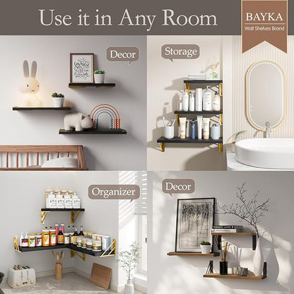 BAYKA Wall Shelves for Bedroom Decor, Floating Shelves for Living Room Kitchen Storage, Mounted Rustic Wood Floating Shelves for Kids Books, Corner Shelves for Bathroom, Office(Black Gold,Set of 3)
