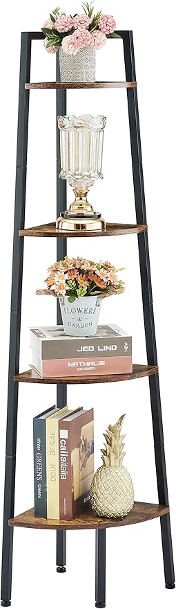 Hoctieon Corner Shelf, 4-Tier Corner Bookshelf, Rustic Ladder Shelf, Industrial Display Stand for Living Room, Kitchen, Home Office, Balcony, Small Space, Metal Frame, Rustic Brown