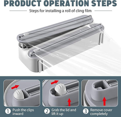 AUSTUFF 3 in 1 Plastic Wrap Dispenser with Cutter，Magnetic Aluminum Foil and Adhesive Film Organizer, Wall Mount Kitchen Wrap Organizer, Cling Wrap Dispenser with Paper Towel Holder and Cutter