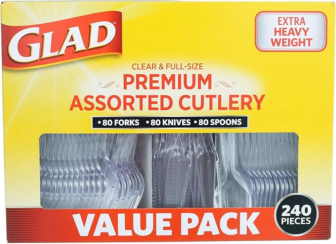Glad Disposable Cutlery Set - Clear Heavy Duty Plastic Forks, Knives, and Spoons - 240 Piece Plasticware for Parties - Durable, Sturdy Recyclable Utensils - Great for July 4th, Thanksgiving, Christmas