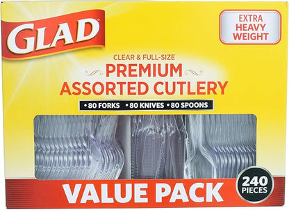 Glad Disposable Cutlery Set - Clear Heavy Duty Plastic Forks, Knives, and Spoons - 240 Piece Plasticware for Parties - Durable, Sturdy Recyclable Utensils - Great for July 4th, Thanksgiving, Christmas