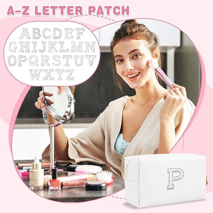 Bride Gifts – Personalized Initial Makeup Bag with Pearl Rhinestone Patch, Preppy White Monogram Cosmetic/Toiletry Pouch, bridesmaid Gifts, Bridal Shower Gifts, Wedding Gifts, Bridal Gifts,P