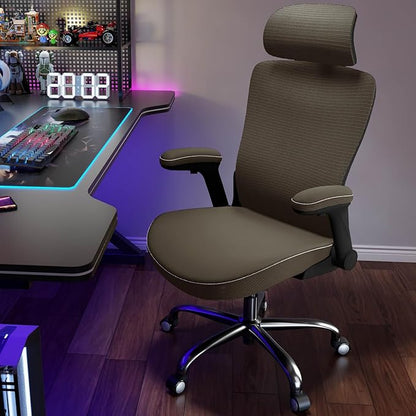 Office Home Ergonomic Desk Chair-Computer X-Shaped Chair Mesh PU Leather with Adjustable Lumbar Support-Executive Chair High Back Flip-Up Arms for Long Hours (Dark Green)