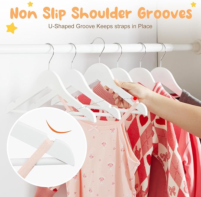 HOUSE DAY Kids Wooden Hangers 20 Pack, Wood Baby Hangers for Baby Clothes, Childrens Coat Hanger with Non Slip Pant Bar, 360° Swivel Hook, White